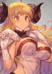Rule 34 | 1girl, ahoge, anila (granblue fantasy), blonde hair, blush, breasts, cape, cleavage, draph, dress, elbow gloves, fur-trimmed cape, fur trim, gloves, granblue fantasy, horns, hungry clicker, large breasts, long hair, sheep horns, short eyebrows, solo, thick eyebrows, very long hair, white cape, white dress, white gloves, yellow eyes