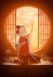 Rule 34 | 1girl, absurdres, blue eyes, bow, closed mouth, flower, from side, hair bow, hair ornament, highres, holding, indoors, japanese clothes, kimono, long hair, marble (toy), onmyoji, orange theme, original, plant, potted plant, seiza, sheya tin, sitting, solo, tree, white hair, window