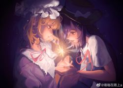 Rule 34 | 2girls, alternate hair length, alternate hairstyle, black headwear, blonde hair, bow, brown eyes, brown hair, chinese commentary, closed mouth, collared dress, commentary, cupping hands, dress, glowing, hair ribbon, hat, hat bow, heads together, highres, lips, long hair, looking down, maribel hearn, medium hair, mob cap, multiple girls, neck ribbon, own hands together, parted lips, puchizai lushang, purple dress, red ribbon, ribbon, shirt, short sleeves, single sidelock, star (sky), touhou, usami renko, weibo logo, weibo watermark, white bow, white headwear, white ribbon, white shirt, yellow eyes