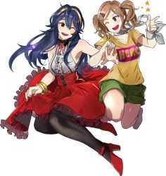 Rule 34 | 2girls, absurdres, alternate costume, bare shoulders, black legwear, blue eyes, blue hair, bracelet, brown hair, commission, cynthia (fire emblem), dress, ebinku, fire emblem, fire emblem awakening, green shorts, hair ornament, hairclip, high heels, highres, jewelry, long hair, lucina (fire emblem), multiple girls, nintendo, one eye closed, open mouth, short sleeves, shorts, simple background, sleeveless, sleeveless dress, tiara, twintails, white background