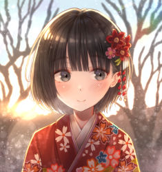 Rule 34 | 1girl, backlighting, bad id, bad pixiv id, bare tree, blunt bangs, blurry, blurry background, blush, bob cut, brown hair, day, depth of field, facing viewer, floral print, flower, grey eyes, hair flower, hair ornament, highres, japanese clothes, kimono, lens flare, light particles, looking away, original, outdoors, short hair, smile, solo, standing, sunrise, tanbonota46, tree, upper body