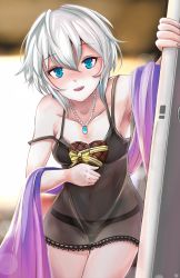 Rule 34 | 1girl, :d, anastasia (idolmaster), armpits, backlighting, black bra, black panties, blush, bow, box, bra, breasts, camisole, collarbone, cowboy shot, day, door, earrings, foreshortening, gift, gift box, heart-shaped box, highres, holding, holding box, holding gift, idolmaster, idolmaster cinderella girls, indoors, jewelry, lens flare, looking at viewer, medium breasts, navel, necklace, nonoririn, nose blush, open mouth, panties, pearl necklace, pendant, see-through, shawl, silver hair, smile, solo, standing, strap slip, thigh gap, thighs, underwear, underwear only, yellow bow