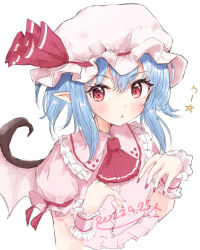 Rule 34 | 1girl, ?, ascot, bat wings, blue hair, commentary, dated, hat, hat ribbon, highres, looking at viewer, pointy ears, red ascot, red eyes, red nails, red ribbon, remilia scarlet, ribbon, shiisaa3, short hair, short sleeves, sidelocks, simple background, solo, touhou, upper body, white background, white hat, wings, wrist cuffs