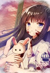 Rule 34 | 1girl, absurdres, ashiyu0330, black hair, blood, blood on clothes, blood on face, blue eyes, blunt bangs, blush, capelet, commentary request, crown print, dusk, eyelashes, fence, floating hair, highres, holding, holding stuffed toy, long hair, looking at viewer, outdoors, parted lips, school uniform, sidelocks, solo, straight hair, stuffed animal, stuffed rabbit, stuffed toy, subarashiki hibi, takashima zakuro, upper body, white capelet
