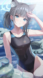 Rule 34 | 1girl, absurdres, bare shoulders, blue archive, blue eyes, grey hair, highres, looking at viewer, momomoi momoi, shiroko (blue archive), short hair, solo, swimsuit
