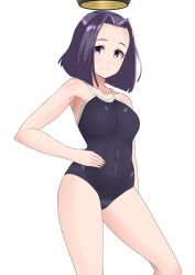 Rule 34 | 1girl, 30-06, bad id, bad pixiv id, black one-piece swimsuit, competition school swimsuit, covered navel, cowboy shot, hair intakes, halo, hand on own hip, highres, kantai collection, looking at viewer, mechanical halo, one-piece swimsuit, purple eyes, purple hair, school swimsuit, short hair, simple background, smile, solo, swimsuit, tatsuta (kancolle), white background