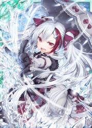 Rule 34 | 1girl, akkijin, ass, black gloves, card (medium), dress, gloves, grey dress, grey umbrella, hair ribbon, ice, looking at viewer, multicolored hair, official art, open mouth, red eyes, red ribbon, ribbed dress, ribbon, shinkai no valkyrie, silver hair, snow, snowflakes, storm, twintails, two-tone hair, umbrella