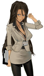 Rule 34 | 1girl, armored core, breasts, brown hair, clipboard, female focus, from software, kawaguchi yukihiro, long hair, lowres, simple background, solo, standing, white background