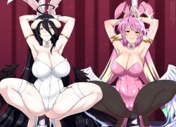 Rule 34 | 2girls, ahoge, albedo (overlord), angel, angel wings, animal ears, armlet, armpits, black hair, black legwear, black wings, blonde hair, bow, bowtie, breasts, cameltoe, collarbone, commentary, compass rose halo, crossover, demon girl, demon horns, detached collar, english commentary, fake animal ears, garter straps, gradient hair, hair between eyes, half-closed eyes, halo, high heels, horns, jibril (no game no life), leotard, lindaroze, long hair, looking at viewer, low wings, multicolored hair, multiple girls, no game no life, overlord (maruyama), pantyhose, pink hair, pink leotard, playboy bunny, pole, rabbit ears, rabbit pose, spread legs, squatting, strapless, strapless leotard, stripper pole, thigh strap, thighs, traditional bowtie, very long hair, white footwear, white leotard, wings, wrist cuffs, yellow eyes
