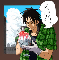 Rule 34 | &gt; &lt;, 1boy, black hair, black shirt, blue sky, building, chalice, closed eyes, closed mouth, cloud, commentary request, cup, day, eating, facial scar, food, gloves, green shirt, holding, holding cup, indoors, inudori, itou kaiji, kaiji, long hair, male focus, medium bangs, open clothes, open shirt, plaid, plaid shirt, pointy nose, scar, scar on cheek, scar on face, shaved ice, shirt, sky, solo, t-shirt, undershirt, upper body, utensil in mouth, watch, white gloves, window, wristwatch
