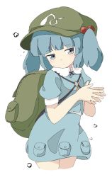 Rule 34 | 1girl, backpack, bag, beads, blue eyes, blue hair, closed mouth, collared shirt, flat chest, green hat, hair beads, hair ornament, hat, highres, iroha-kuro, jaggy lines, kawashiro nitori, key, medium hair, own hands together, pocket, shirt, short sleeves, short twintails, solo, touhou, twintails, white background