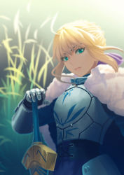 Rule 34 | ahoge, armor, armored dress, artoria pendragon (all), artoria pendragon (fate), cape, corset, excalibur (fate/stay night), fate/stay night, fate (series), fateline alpha, fur-trimmed cape, fur trim, green eyes, hair ribbon, looking at viewer, planted, planted sword, planted weapon, ribbon, saber (fate), short hair, solo, sword, upper body, weapon