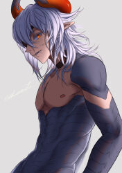 Rule 34 | 1boy, artist name, borrowed character, brown choker, choker, colored eyelashes, eyepatch, fangs, grey background, grey hair, grey scales, highres, looking at viewer, male focus, monster boy, nekomiti, nipples, nude, orange eyes, pixiv fantasia, pixiv fantasia mountain of heaven, pointy ears, scales, signature, simple background, toned, toned male, upper body, yellow eyes