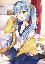 Rule 34 | 1girl, animal, bed, black bra, black socks, blue hair, blue sailor collar, blue skirt, blush, bra, breasts, cat, cleavage, collarbone, commentary request, curtains, green eyes, hair between eyes, hair ornament, hair scrunchie, hand up, jacket, long hair, long sleeves, maki soutoki, moe2019, navel, no shoes, on bed, one eye closed, open clothes, open jacket, open mouth, open shirt, original, pillow, pleated skirt, sailor collar, scrunchie, shirt, sitting, skirt, sleeves past wrists, small breasts, socks, solo, stuffed animal, stuffed toy, teddy bear, twintails, underwear, very long hair, waking up, wariza, white shirt, yawning, yellow jacket, yellow scrunchie