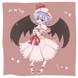 Rule 34 | 1girl, bad id, bad pixiv id, bat wings, blue hair, character name, dress, fang, female focus, full body, hat, heart, kuromari (runia), open mouth, red eyes, remilia scarlet, shoes, simple background, solo, star (symbol), touhou, wings