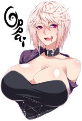 Rule 34 | 1girl, black choker, breasts, choker, cleavage, corset, cross, cross earrings, drooling, earrings, highres, hz (666v), jacket, jewelry, large breasts, looking at viewer, mixed-language commentary, original, pink hair, purple jacket, red eyes, romaji text, single earring, white background