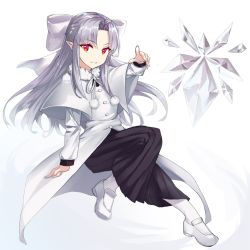 Rule 34 | 1girl, albino, apo (apos2721), bow, crystal, hair bow, half updo, highres, ice crystal, long hair, long sleeves, looking at viewer, melty blood, pointing, pointing at viewer, pointy ears, red eyes, simple background, smile, solo, tsukihime, white background, white hair, white len (tsukihime)