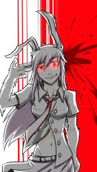 Rule 34 | 1girl, animal ears, belt, blood, blood splatter, breasts, buck teeth, collared shirt, commentary, finger gun, finger gun to head, freckles, furry, furry female, grin, half-closed eye, highres, light smile, light trail, looking at viewer, loose necktie, midriff, navel, necktie, purple hair, purple skirt, rabbit ears, rabbit girl, red background, red eyes, red necktie, regalclaw, reisen udongein inaba, shirt, short sleeves, signature, skirt, smile, solo, spot color, teeth, touhou, transformation, two-tone background, unbuttoned, unbuttoned shirt, uneven eyes, white background