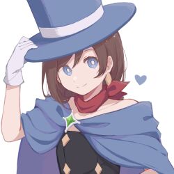 Rule 34 | 1girl, ace attorney, arm up, blue cape, blue eyes, blue hat, brooch, brown hair, buttons, cape, closed mouth, diamond button, diamond earrings, dot nose, earrings, gem, gloves, green gemstone, hand on headwear, hat, heart, jewelry, looking at viewer, medium hair, red scarf, scarf, simple background, single earring, smile, solo, split mouth, strapless, swept bangs, top hat, trucy wright, wenyu19 19, white background, white gloves