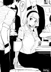 Rule 34 | 1girl, 2boys, blush, breasts, classroom, clock, commentary, couch, dot nose, earrings, english commentary, faceless, faceless male, greyscale, hairband, hand in pocket, highres, indoors, jewelry, large breasts, looking to the side, monochrome, multiple boys, norman maggot, olive laurentia, on couch, original, pants, school uniform, shirt, short hair, short sleeves, sidelocks, sitting, speech bubble, spoken object, spoken symbol, standing, wall clock