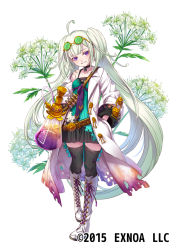 Rule 34 | 1girl, ahoge, black neckwear, black thighhighs, boots, choker, coat, cross-laced footwear, dress, eyewear on head, flask, flower, flower knight girl, full body, grin, hemlock (flower knight girl), knee boots, lace-up boots, light green hair, long hair, looking at viewer, mataichi mataro, multicolored clothes, multicolored dress, name connection, object namesake, official art, purple eyes, purple ribbon, ribbon, simple background, smile, solo, standing, thighhighs, twintails, white background, white coat, white footwear, zettai ryouiki