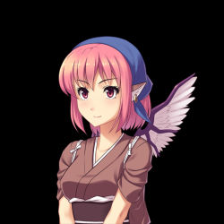 Rule 34 | 1girl, animal ears, athrun1120, bad id, bad pixiv id, black background, blush, head scarf, japanese clothes, mystia lorelei, okamisty, pink hair, short hair, simple background, smile, solo, touhou, wings
