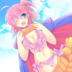 Rule 34 | 1girl, ;d, ahoge, alice wishheart, bikini, blush, breasts, cape, cleavage, cloud, day, earrings, fang, frilled bikini, frills, green eyes, happy, heart, jewelry, magical halloween, medium breasts, navel, one eye closed, open mouth, orange skirt, pink hair, shiny skin, short hair, side ponytail, skirt, sky, smile, solo, star (symbol), star earrings, swimsuit, thigh gap, tokinon, undressing, wink