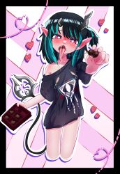 Rule 34 | 1girl, nanashi inc., absurdres, black border, black hair, black shirt, blue hair, blush, border, box, bright pupils, candy, chocolate, chocolate heart, commentary request, cropped legs, demon girl, demon horns, demon tail, ear blush, eye of providence, fang, feet out of frame, flat chest, food, hair between eyes, heart, heart-shaped pupils, highres, holding, holding box, holding chocolate, holding food, horns, incoming food, indirect kiss, long tongue, looking at viewer, medium hair, multicolored hair, nose blush, off shoulder, official alternate costume, one side up, open mouth, pointy ears, red eyes, rgm jesta, saliva, saliva trail, shirt, shishio chris, short sleeves, solo, sugar lyric, symbol-shaped pupils, tail, tongue, two-tone hair, valentine, virtual youtuber, white pupils, zipper