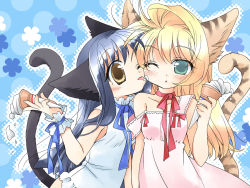 Rule 34 | 2girls, animal ears, blonde hair, blue hair, cat ears, cat tail, licking another&#039;s cheek, licking another&#039;s face, food, green eyes, highres, ice cream, licking, long hair, multiple girls, neck ribbon, nekono osero, one eye closed, original, ribbon, tail, triangle mouth, wallpaper, yellow eyes