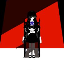 Rule 34 | 1girl, ankle socks, black footwear, black hair, black jacket, black skirt, black sleeves, blue bow, blue bowtie, blunt bangs, blunt ends, bow, bowtie, buttons, chinese commentary, closed mouth, collared shirt, commentary request, full body, green eyes, hairband, hands on lap, highres, jacket, long hair, long sleeves, looking at viewer, mary janes, medium skirt, on chair, original, red background, shade, shadow, shirt, shoes, sidelocks, sitting, skirt, smile, socks, solo, straight-on, tiankong yiji, two-tone background, white background, white hairband, white shirt, white socks