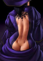 Rule 34 | 1girl, absurdres, ass, back, backless outfit, bad id, bad tumblr id, black background, black hair, butt crack, character request, commentary, dark souls (series), dark souls i, dimples of venus, dress, english commentary, from behind, hat, highres, lace trim, lips, nat the lich, no bra, no panties, purple dress, solo, witch, witch hat