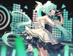 Rule 34 | 1girl, :d, armpits, black sailor collar, blue archive, blue eyes, blurry, blush, breasts, commentary, cowboy shot, depth of field, dress, frilled dress, frills, from side, glowstick, green hair, hair between eyes, hair spread out, hand on own hip, hand up, hatsune miku, head tilt, highres, holding, holding microphone, light particles, long hair, looking at viewer, looking down, medium breasts, microphone, music, nail polish, open mouth, sailor collar, sidelighting, sidelocks, singing, sleeveless, sleeveless dress, smile, solo, stage, standing, standing on one leg, stone (ksorede), teeth, twintails, upper teeth only, very long hair, vocaloid, white dress, white footwear, white wrist cuffs, wrist cuffs