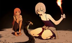 2girls blue_eyes blurry_foreground clothes_around_waist dark female_focus fire grey_hair jacket_around_waist multiple_girls night original pants pink_hair pointy_ears red_eyes sandals shirt short_hair snake sohin squatting t-shirt toes torch watching yoga_pants