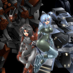 Rule 34 | 2girls, armored core, ass, black eyes, black hair, blue eyes, blue hair, bodysuit, breasts, covered erect nipples, from software, grey hair, large breasts, mecha, ment, multiple girls, navel, robot, skin tight, smile, tagme