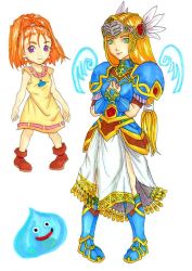 Rule 34 | 2girls, armor, armored dress, barbara (dq6), blonde hair, circlet, cosplay, dragon quest, dragon quest vi, forehead, green eyes, high ponytail, lenneth valkyrie, lenneth valkyrie (cosplay), long hair, low-tied long hair, mireyu, multiple girls, parody, ponytail, purple eyes, red hair, slime (creature), slime (dragon quest), valkyrie profile (series), white background