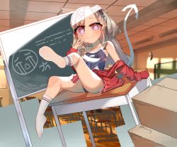Rule 34 | :3, archerfish (azur lane), azur lane, box, breasts, chalkboard, classroom, come hither, desk, emoji, heart, heart-shaped pupils, highres, jacket, jacket partially removed, leaning back, legs up, looking at viewer, raised eyebrows, red jacket, school swimsuit, see-through, see-through legwear, small breasts, socks, swimsuit, symbol-shaped pupils, tail, thighs, uneven eyes, watermark