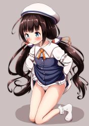Rule 34 | 10s, 1girl, adjusting clothes, adjusting panties, beret, blue dress, blue eyes, blush, bobby socks, brown background, brown hair, closed mouth, commentary request, dress, hat, highres, hinatsuru ai, layered sleeves, long hair, long sleeves, looking away, mochiyuki, no shoes, panties, puffy short sleeves, puffy sleeves, ryuuou no oshigoto!, school uniform, short over long sleeves, short sleeves, sidelocks, socks, solo, underwear, very long hair, white hat, white panties, white socks