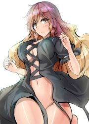 Rule 34 | 1girl, black dress, blonde hair, blush, bottomless, breasts, brown eyes, center opening, cleavage, closed mouth, clothing cutout, commentary request, cowboy shot, cross-laced clothes, cross-laced cutout, dress, frown, gradient hair, highres, hijiri byakuren, large breasts, long hair, looking at viewer, multicolored hair, navel, puffy short sleeves, puffy sleeves, purple hair, short sleeves, solo, stomach, touhou, wide hips, y2