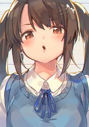 Rule 34 | 1girl, blue ribbon, blush, breasts, brown hair, collared shirt, commentary request, earrings, food, hair ornament, hairclip, jewelry, kanase (mcbrwn18), long hair, looking at viewer, medium breasts, mouth hold, neck ribbon, orange eyes, original, pocky, pocky day, pov, ribbon, shirt, sidelocks, solo, sweater vest, twintails, upper body, white shirt