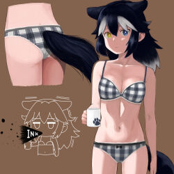 Rule 34 | 1girl, absurdres, animal ears, arm at side, ass, bare arms, bare shoulders, black hair, blue eyes, bra, breasts, brown background, chibi, cleavage, clothing cutout, collarbone, commentary request, cowboy shot, cup, english text, expressionless, extra ears, grey wolf (kemono friends), hair between eyes, heterochromia, highres, holding, holding cup, jitome, kemono friends, long hair, looking at viewer, medium breasts, mug, multicolored hair, multiple views, murakami kou (raye), navel, panties, paw print, plaid, plaid bra, plaid panties, print mug, simple background, spit take, spitting, stomach, tail, tail through clothes, two-tone hair, underwear, underwear only, white hair, wolf ears, wolf girl, wolf tail, yellow eyes