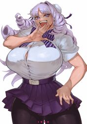 Rule 34 | 1girl, absurdres, breasts, bun cover, bursting breasts, cleavage, cropped legs, curvy, double bun, drill hair, fujido oriko, giant, giant ojou-sama, hair bun, highres, huge breasts, ibuo (ibukht1015), large breasts, light purple hair, long hair, miniskirt, ojou-sama pose, open mouth, pantyhose, pleated skirt, purple eyes, purple skirt, ringlets, shirt, short sleeves, simple background, skirt, smile, solo, standing, teeth, thick thighs, thighs, upper teeth only, white background, white shirt