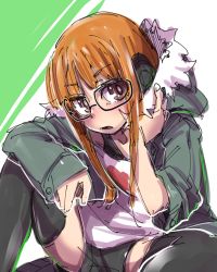 Rule 34 | 10s, 1girl, arm rest, black thighhighs, brown eyes, camisole, collarbone, enshima akira, fur trim, glasses, graphite (medium), hand on own neck, hand up, headphones, hood, hood down, hooded jacket, jacket, knee up, long hair, long sleeves, looking at viewer, mechanical pencil, open mouth, orange hair, pencil, persona, persona 5, sakura futaba, shirt, short shorts, shorts, sitting, sketch, sleeve rolled up, solo, spread legs, thighhighs, traditional media, upper body
