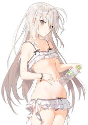 Rule 34 | 1girl, ahoge, bare arms, bikini, bikini skirt, blush, bottle, breasts, collarbone, commentary request, frilled bikini, frills, grey hair, groin, hayashi kewi, holding, holding bottle, long hair, looking at viewer, lowleg, navel, original, red eyes, simple background, skirt, small breasts, solo, swimsuit, underboob, water bottle, white background, white bikini, white skirt