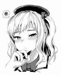 Rule 34 | 1girl, blush, closed mouth, fingernails, greyscale, half-closed eyes, hand on own chin, hat, holding, holding pen, kantai collection, kashima (kancolle), looking at viewer, monochrome, pen, portrait, satsuki neko, solo, speech bubble, spoken squiggle, squiggle, two side up
