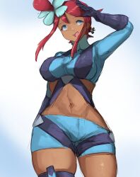 1girl blackleo2090 blue_eyes breasts creatures_(company) crop_top dark-skinned_female dark_skin game_freak gloves i_just_love_latinas_sonic_(meme) large_breasts long_hair long_sleeves looking_to_the_side nintendo pokemon pokemon_bw red_hair shadow_the_hedgehog shorts skyla_(pokemon) sonic_(series) thigh_strap