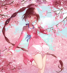 Rule 34 | 1girl, bloomers, blue sky, braid, braided ponytail, breasts, brown hair, cherry blossoms, cloud, detached sleeves, douluo dalu, dress, falling petals, hair tie, leg up, long hair, petals, pink dress, pink eyes, pink footwear, sky, small breasts, solo, tongue, tongue out, underwear, vienyelisha, xiao wu (douluo dalu)
