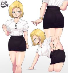 Rule 34 | 1girl, absurdres, android 18, artist name, ass, ass focus, black skirt, blonde hair, blue eyes, breasts, collarbone, dragon ball, dragonball z, earrings, echo saber, glasses, hand on own hip, highres, jewelry, legs, looking at viewer, multiple views, nail polish, pencil skirt, shirt, short hair, short sleeves, simple background, skirt, smile, teacher, thighs, watch, white background, white shirt, wristwatch