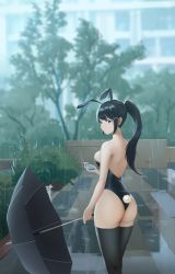 Rule 34 | 1girl, absurdres, animal ears, ass, back, bare arms, bare shoulders, black hair, black thighhighs, black umbrella, blurry, blurry background, blush, breasts, bush, closed mouth, commentary request, cowboy shot, fake animal ears, fake tail, from behind, gan-viking, highres, holding, holding phone, holding umbrella, large breasts, leotard, long hair, looking at viewer, looking back, original, outdoors, phone, playboy bunny, ponytail, rabbit ears, rabbit tail, rain, skindentation, solo, standing, strapless, strapless leotard, tail, thighhighs, thighs, tree, umbrella, water, wrist cuffs