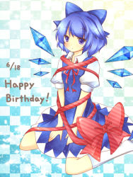 Rule 34 | 1girl, bad id, bad pixiv id, birthday, blue eyes, blue hair, blush, bow, checkered background, cirno, dress, embodiment of scarlet devil, english text, female focus, gift, gradient background, hair bow, happy birthday, kneehighs, kureha goya, matching hair/eyes, no nose, open mouth, ribbon, short hair, sitting, socks, solo, touhou, wariza, wings