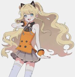 Rule 34 | 1girl, :3, animal ears, blonde hair, blue eyes, cat ears, collared shirt, fake animal ears, fang, hand up, highres, long hair, looking at viewer, marry me s2, mechanical ears, neck ribbon, open mouth, ribbon, seeu, shirt, skirt, sleeveless, sleeveless shirt, smile, solo, star-shaped pupils, star (symbol), symbol-shaped pupils, thighhighs, two side up, very long hair, vocaloid, wrist cuffs